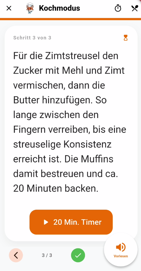 Die Schritt-für-Schritt Ansicht mit Timer